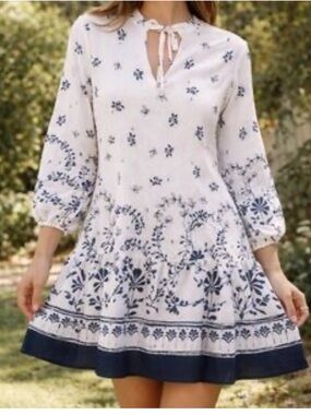 Rachel Zoe White Dress with Navy Floral Print